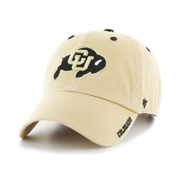 Vegas gold hat with the embroidered CU Buffalo logo on front with black accents on the top, and with "Colorado" on the brim, and 47' brand logo on left side.